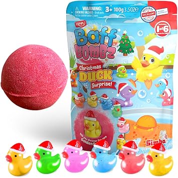 ZIMPLI - Large Christmas Duck Surprise Bath Bomb, 1 of 6 Duck Toys to Collect, One per Baff Bomb, Christmas Toys for Children, Bath Toy Stocking Fillers