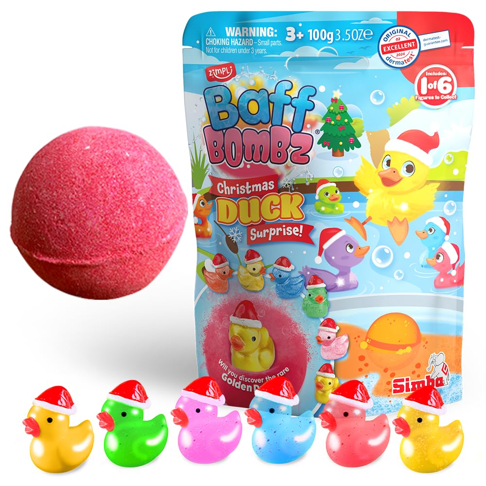 ZIMPLI - Large Christmas Duck Surprise Bath Bomb, 1 of 6 Duck Toys to Collect, One per Baff Bomb, Christmas Toys for Children, Bath Toy Stocking Fillers
