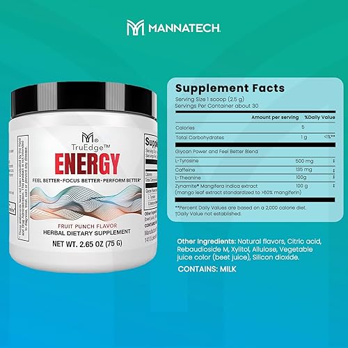 Miniatura 2 de Mannatech - TruEdge Energy - Nitidez y resistencia, mezcla de cafeína, L-teanina, calostro, zinamita, resistencia física, ponche de frutas - 2.65