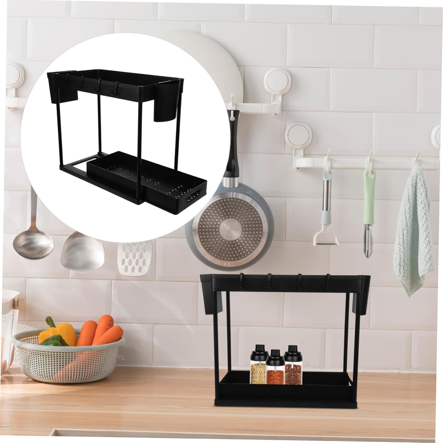 2tier Cabinet Organizer Shelf Dual Pull-out Spice Rack for Kitchen under Sink Storage Multipurpose Telescopic Design Chopstick Holder for Easy Access and Maximum Efficiency