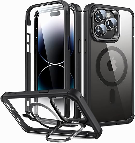 ESR for iPhone 14 Pro Max Case with Stand, Compatible with MagSafe, Full-Body Military-Grade Drop Proof Case with Built-in 9H+ Tempered Glass Screen Protector, Armor Series, Clear Black