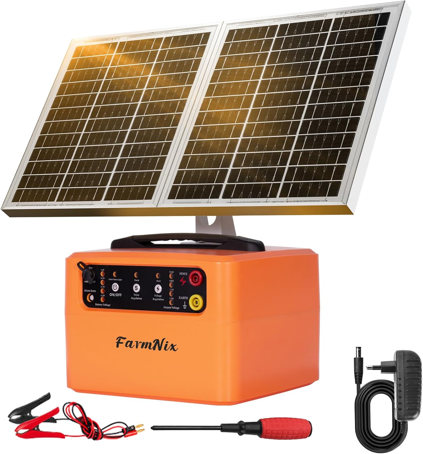 6-12KV Adjustable Output Solar Fence Charger,30 Miles Electric Fence Charger for Livestock,1.5J Solar Charger,15W Solar Electric Fence,24H Protection Solar Powered Electric Fence Kit
