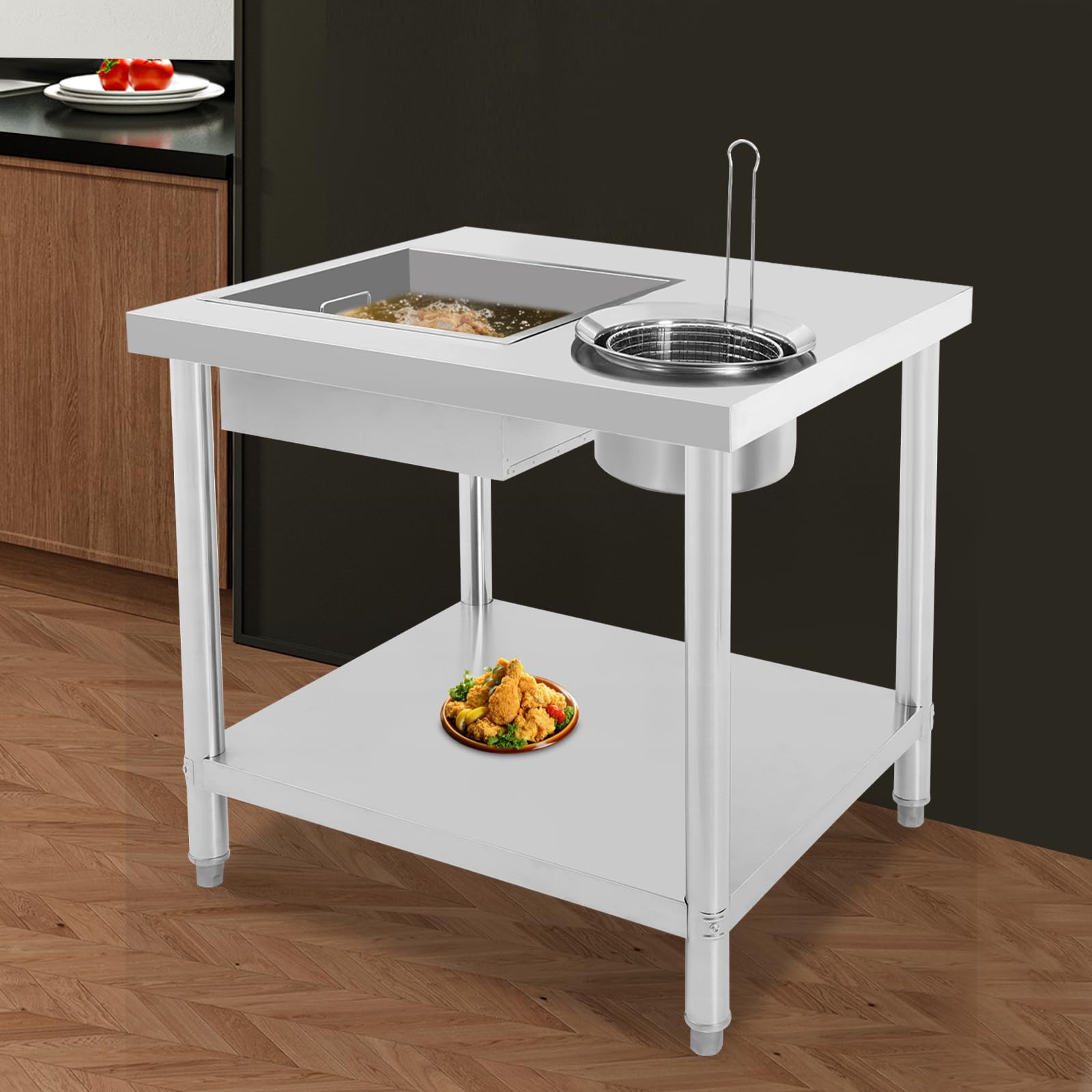 Mesa de preparación de pollo frito con 2 cuencos, mesa para preparar pollo frito, 2 cestas, estante inferior, patas ajustables en altura, 80 x 55 x 80 cm, para comida rápida, restaurante