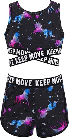 Yartina Kids Girls Sports/Dance/Gymnastics/Swim 2Pc Tankini Sets Swimsuit Crop Tops with Boyshorts Leotard