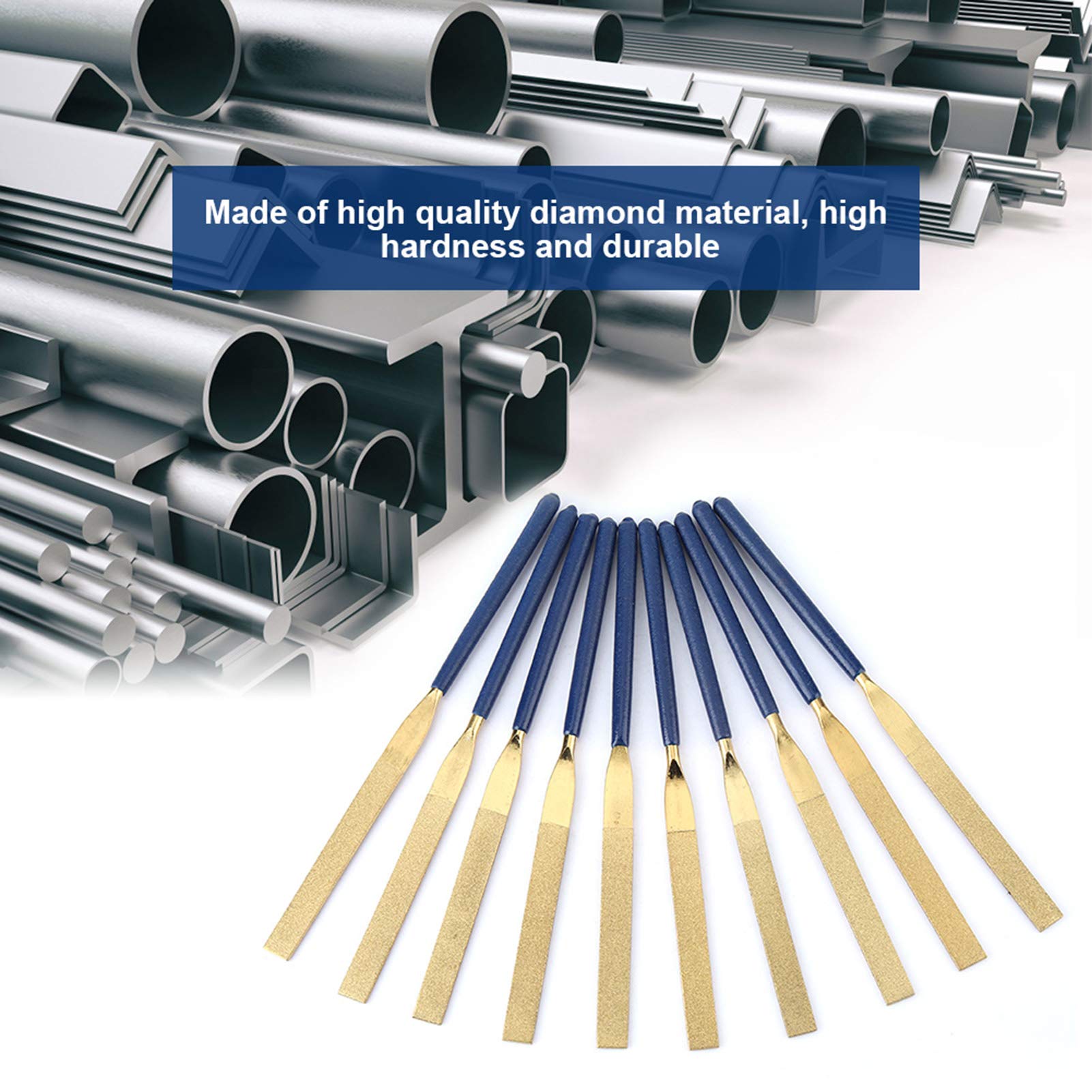 10 limas planas de diamante para reparación de joyas, herramientas de archivo de metal de alto desgaste, 5 mm x 180 mm, limas de dientes con asas ergonómicas para carpintería de metal de
