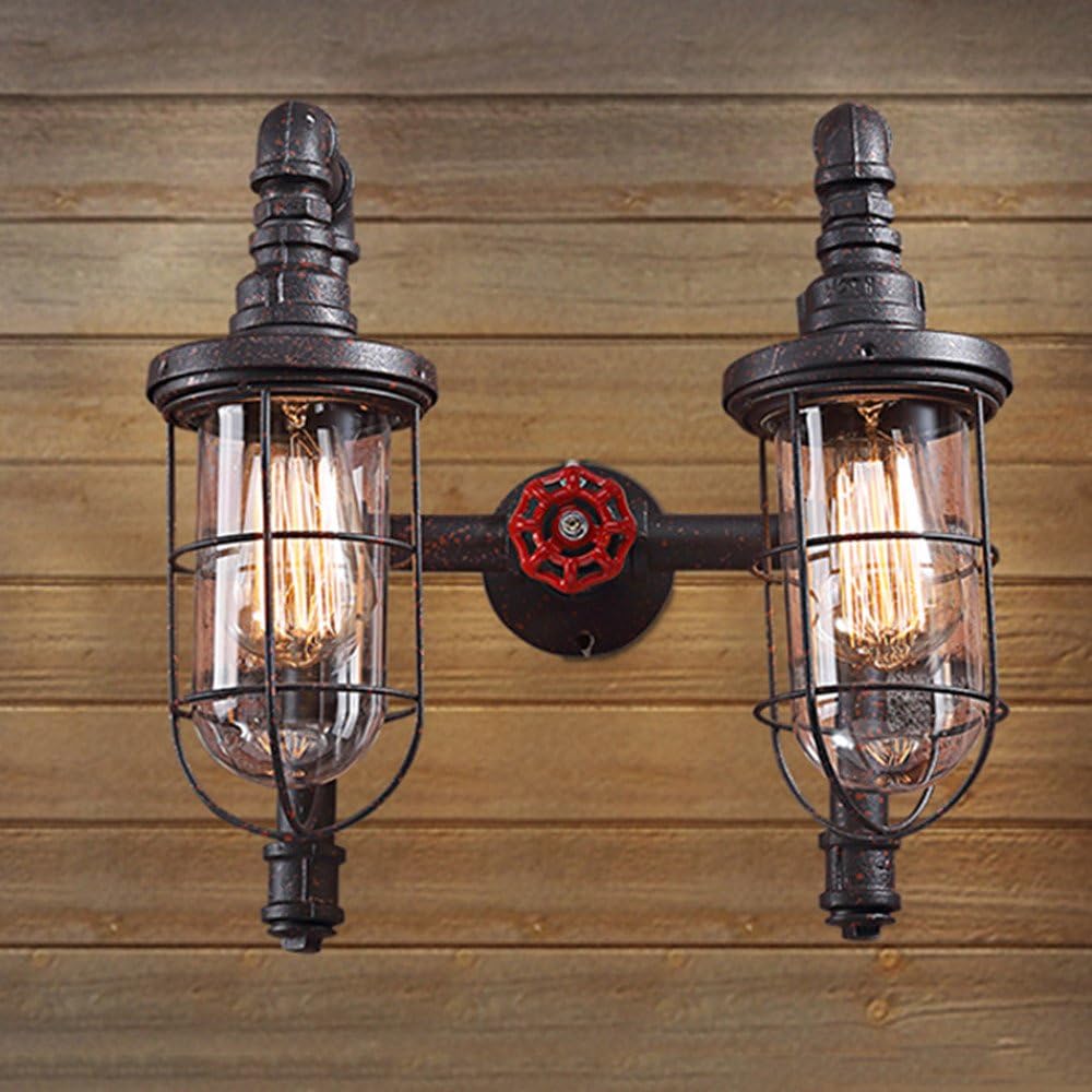 Wall Light 14 Inches Mottled Rust Iron 2 Light Cage with Glass Pipe Wall Sconce Classic Retro Vintage Industrial Decorative Lights