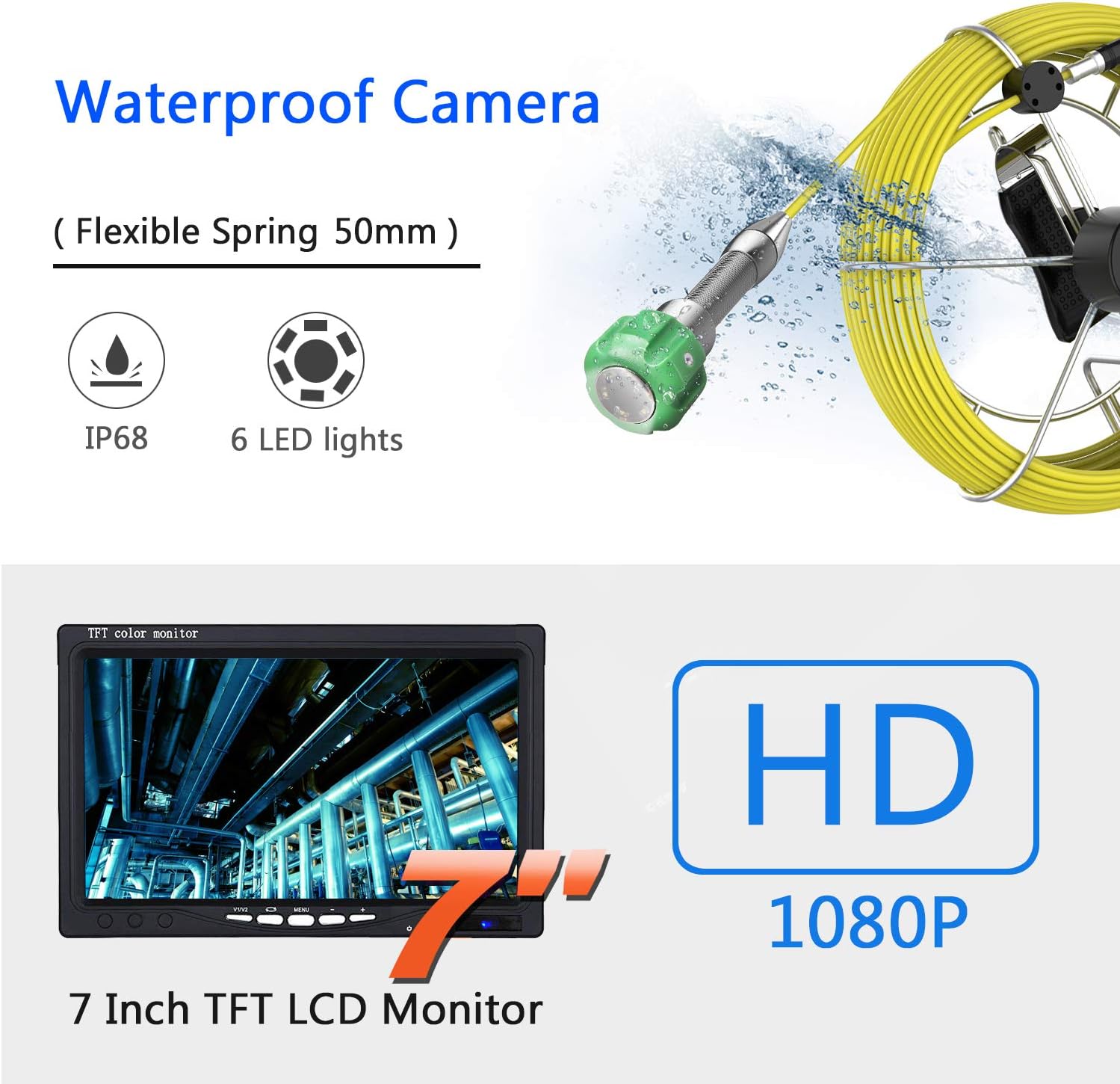 🔥 Hоt Dеаlѕ Pipe Camera,HBUDS Pipe Inspection Camera 20M/65ft Pipeline Drain sewer Industrial Endoscope Waterproof IP68 Snake Video System with 7 Inch LCD Monitor 1000TVL Sony CCD Sewer Camera(No DVR Function)