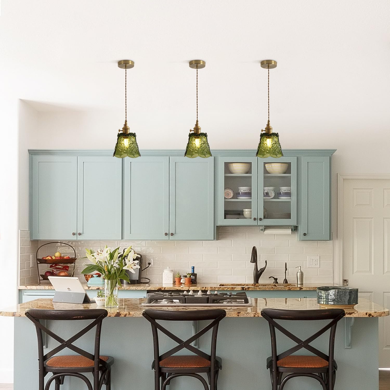 BOKT Mini Green Glass Pendant Lights Fixture Kitchen Lighting Fixtures Ceiling Hanging Vintage Dining Light Fixtures with Flower Glass Shape for Bedrooms Indoor