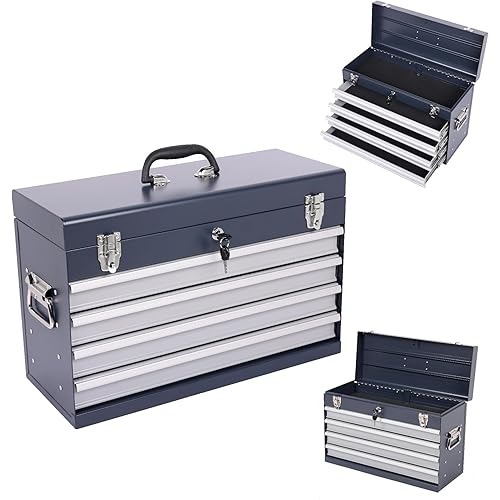 21-Inch Metal Tool Box with 4 Lockable Drawers, Portable Tool Chest Organizer for Mechanics & DIY | Auto-Locking System, Smooth Ball Bearing Slides, Durable Powder Coated Finish | EVA Padding