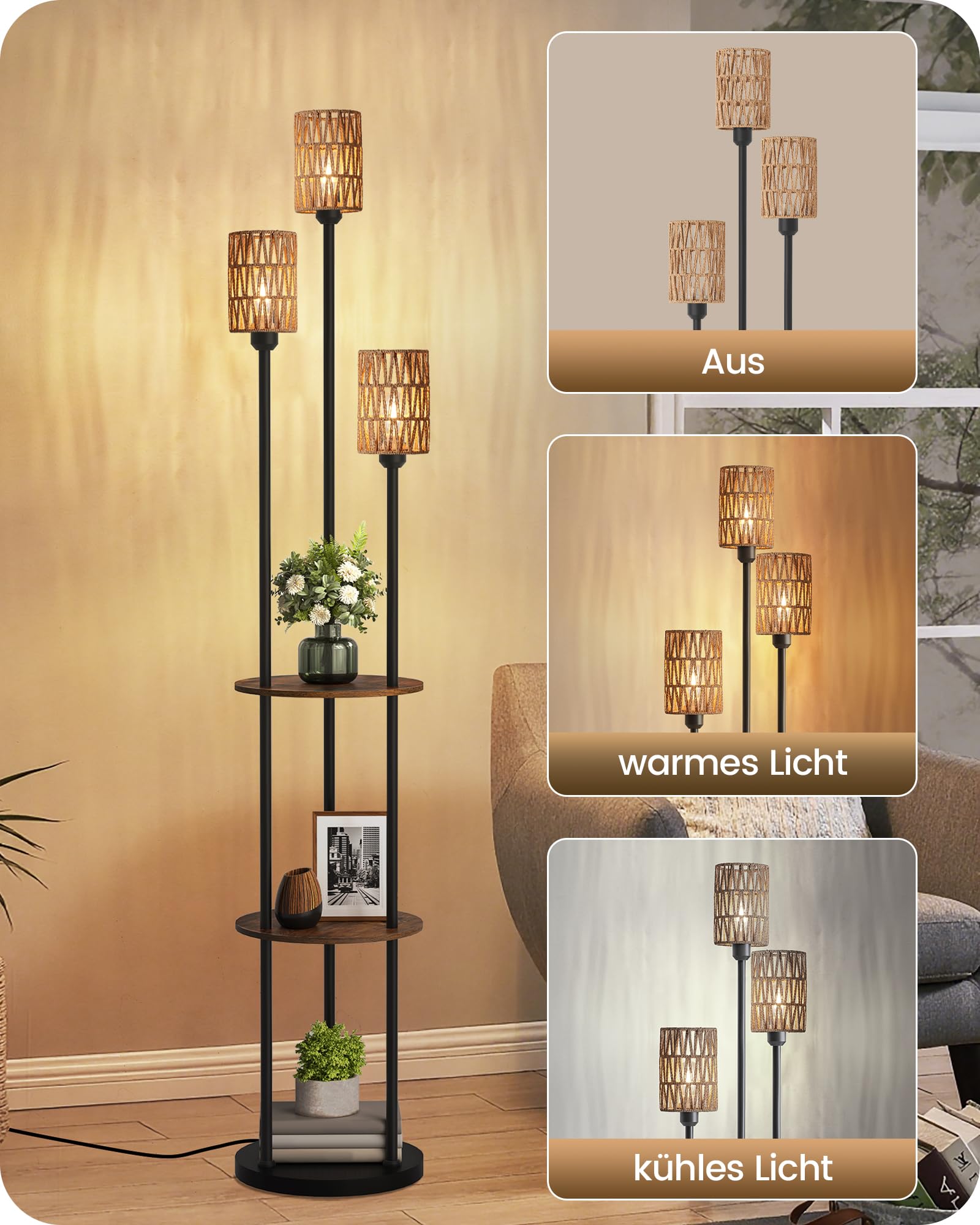 Stehlampe Wohnzimmer mit Ablage, 3-flammige Rattan Stehleuchte mit Regal Vintage, Boho Standleuchte aus Holz mit Fußschalter, E27 Fassung, retro rustikalbraun, moderne Regallampe ZYF53LDD05