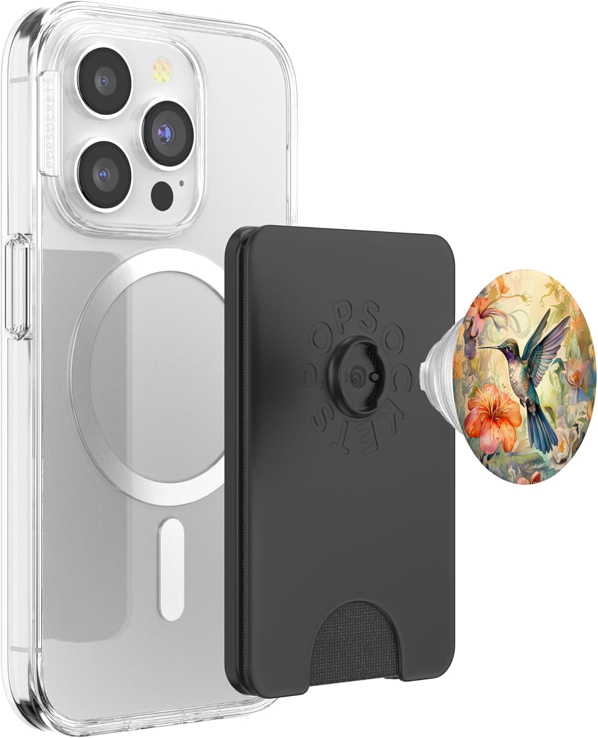 A Floral Watercolor Painting of a Colorful Hummingbird PopSockets PopWallet for MagSafe