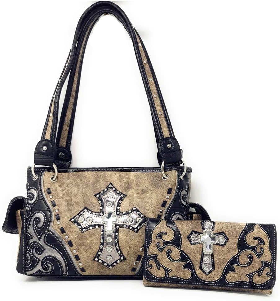 laser cut premium rhinestone cross western embroidered concealed carry handbag/matching wallet in 6 color
