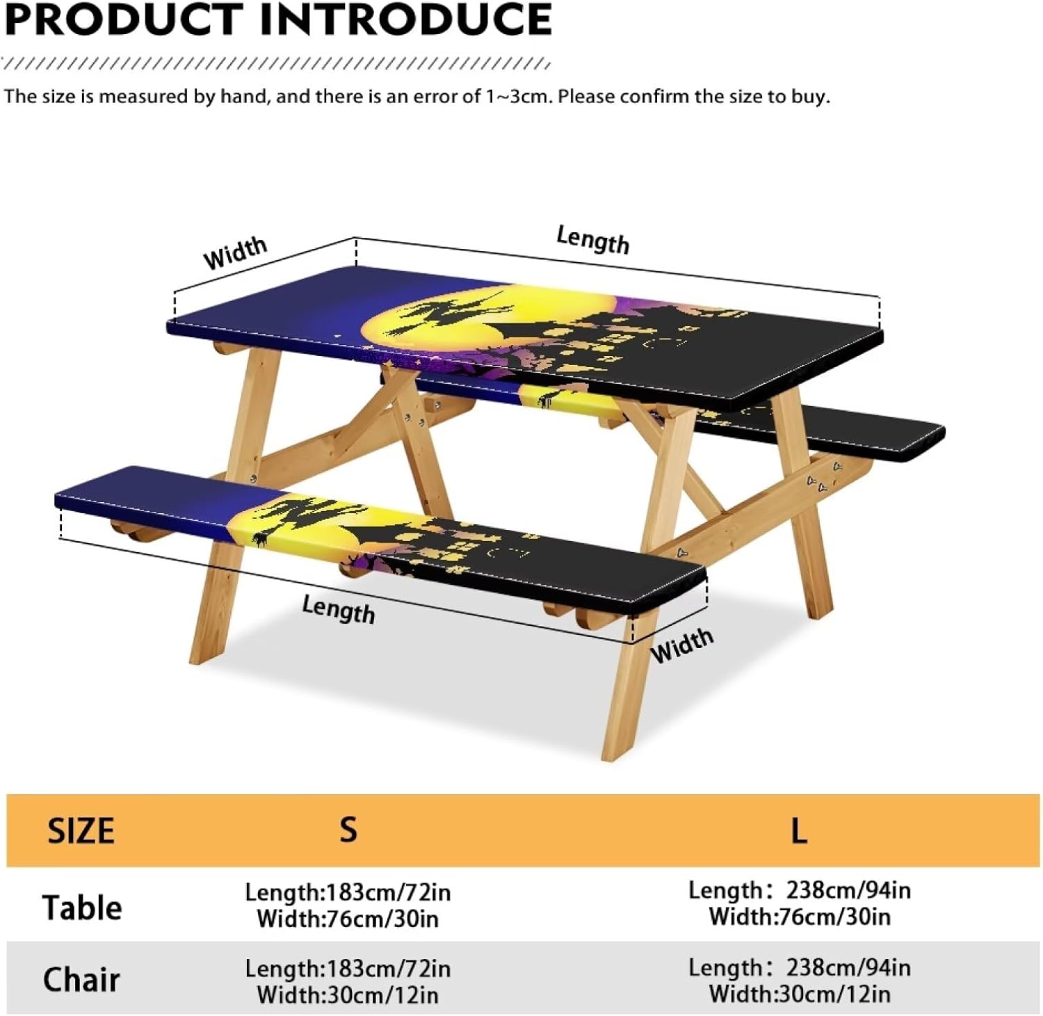 Halloween Haunted House Picnic Table Cover with Bench Covers Elastic Fitted Outdoor Camping Essentials, Travel Accessories Table and Seat Covers for Patios, Yards Halloween Decors