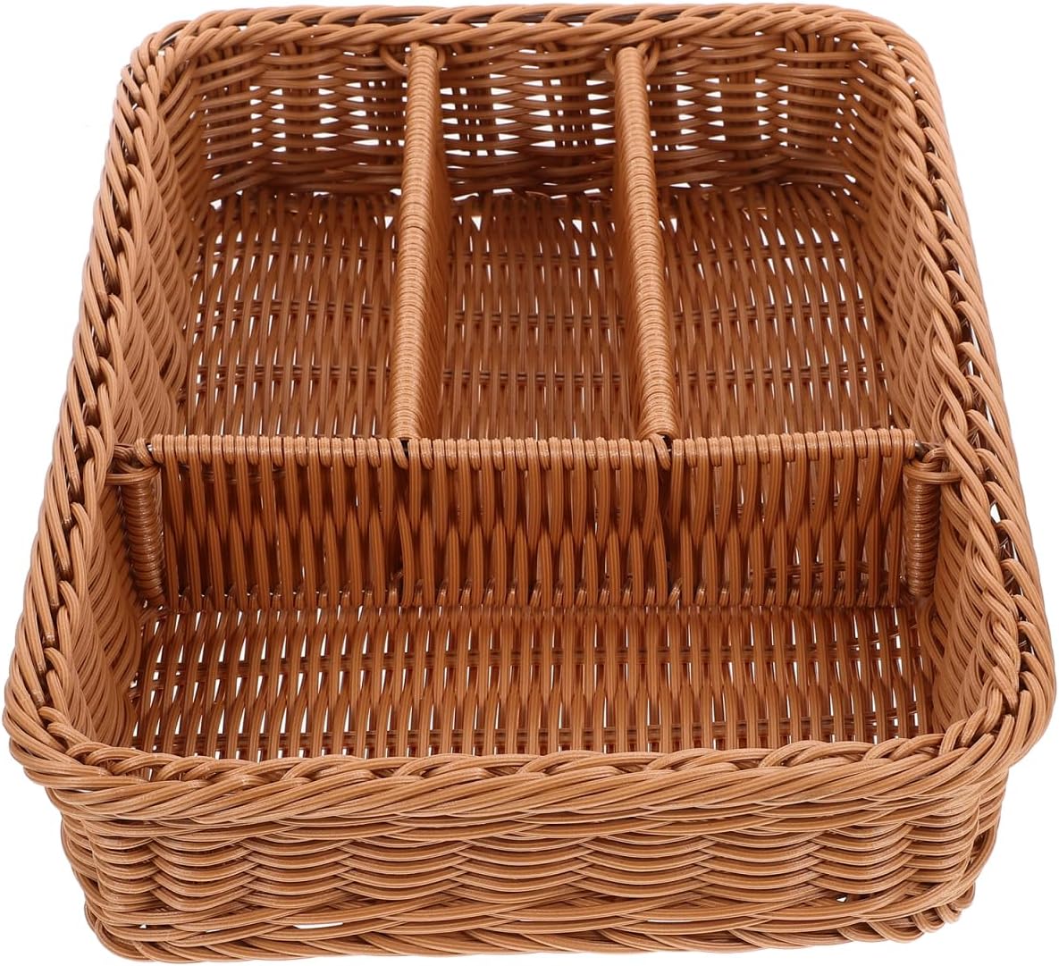 YARNOW Imitation Woven Mesh Cutlery Storage Basket with 4 Deep Compartments Kitchen Forks and Knives Organizer Tray 14.17X9.84X2.95 Inch Rattan Style Eco-Friendly Material