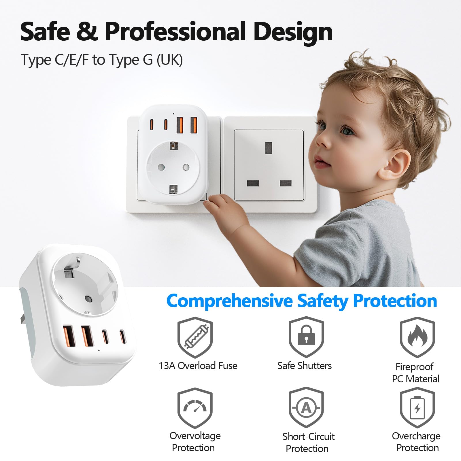 Bigfish Adapter Anglii Niemcy wtyczka z 2 USB-C i 2 USB-A (3,4 A), adapter UK adapter do gniazda wtykowego Anglia, adapter podróżny UK typ G do UE do Anglii/Szkocji/Irlandii/Dubaju/Maldives