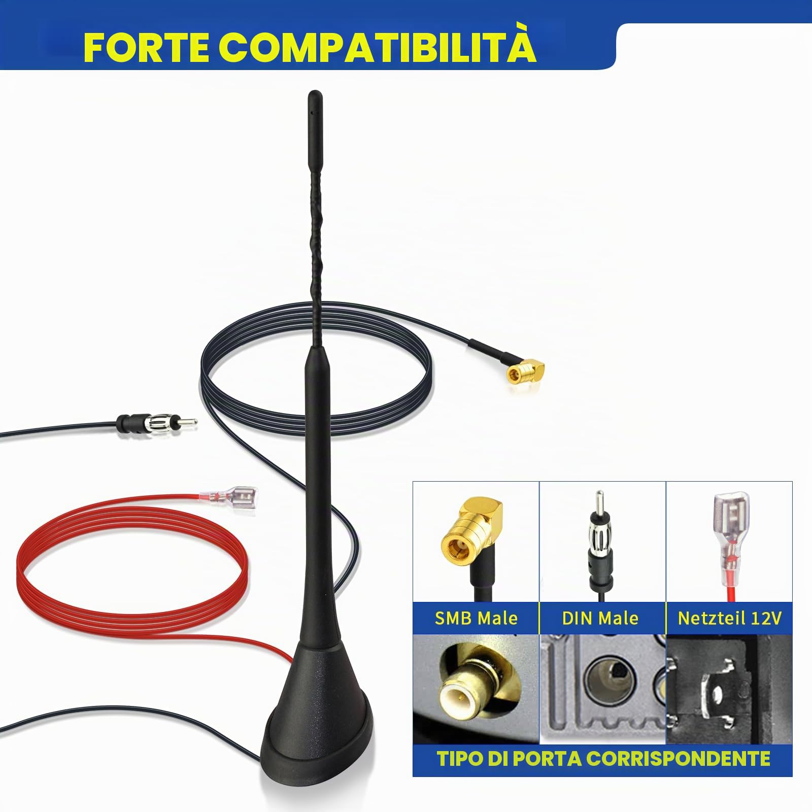 Eightwood DAB/DAB+Car Radio Antenna Splitter Amplificatore Connettore SMB a DIN Antenna universale per 5M Cavo di prolunga da 16,4 piedi Compatibile con Radio FM Auoradio Blaupunkt Pioneer Alpine