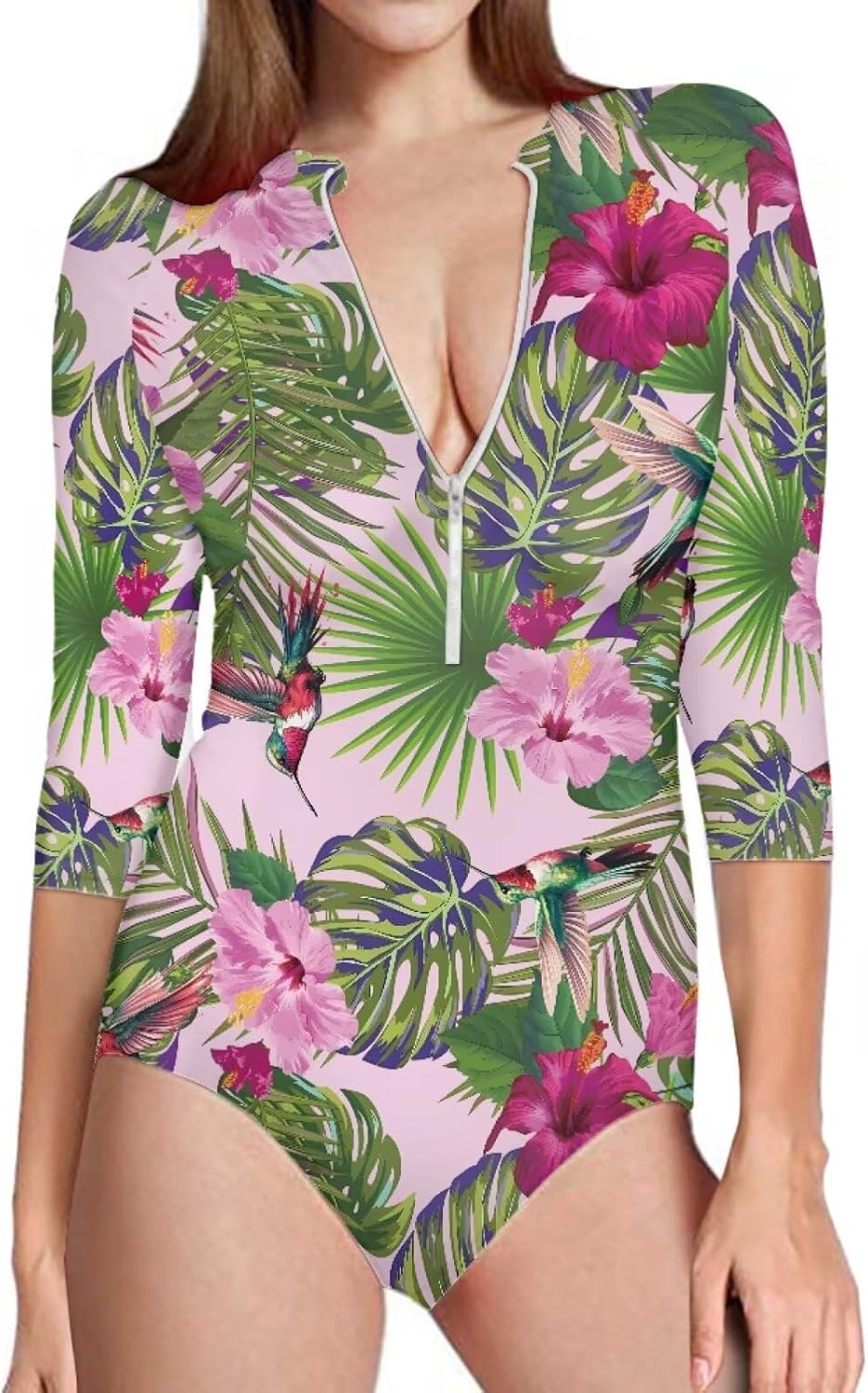 Coloranimal Summer One Piece Swimsuit 3/4 Sleeve Sun Protection Rash Guard for Women