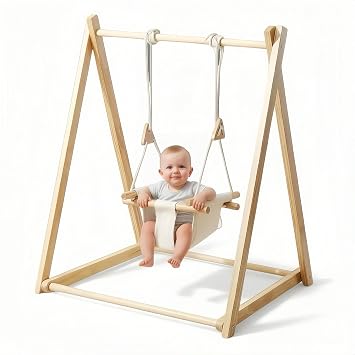 Baby and Toddler Foldable Wooden Swing Set with Stand, Foldable Indoor Baby Swing Set with Seat Belt, Extension Straps for Toddlers Aged 6-36 Months Perfect for Home,Child Daycare, Preschool