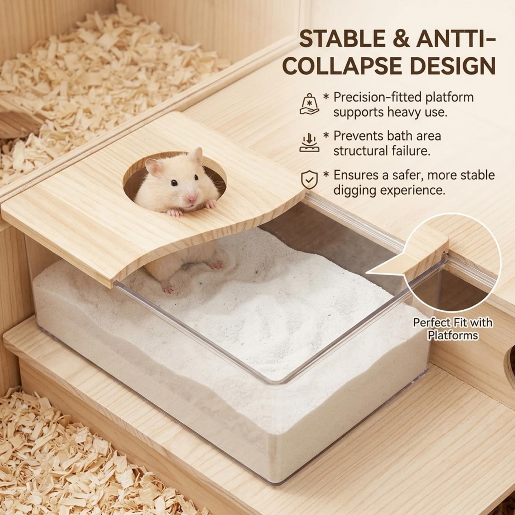 Caja de arena para hámster, cubierta de madera, caja de excavación de hámster de acrílico transparente para mascotas pequeñas, ahorra espacio, fácil de limpiar, contenedor estable para hámsteres, j