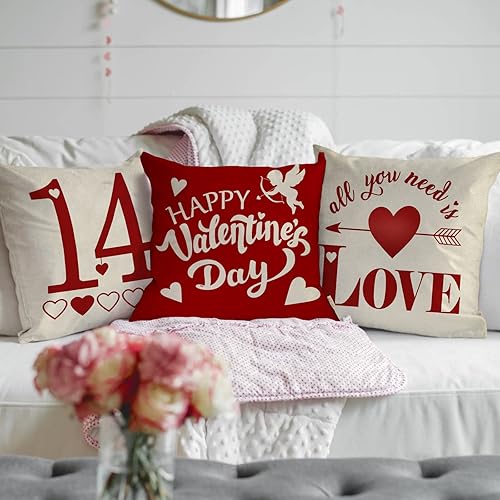 Miniatura 5 de Juego de 4 fundas de almohada decorativas con texto en inglés Happy Valentine's Day de 20 x 20 pulgadas, diseño de flechas de corazón rojo, porche,