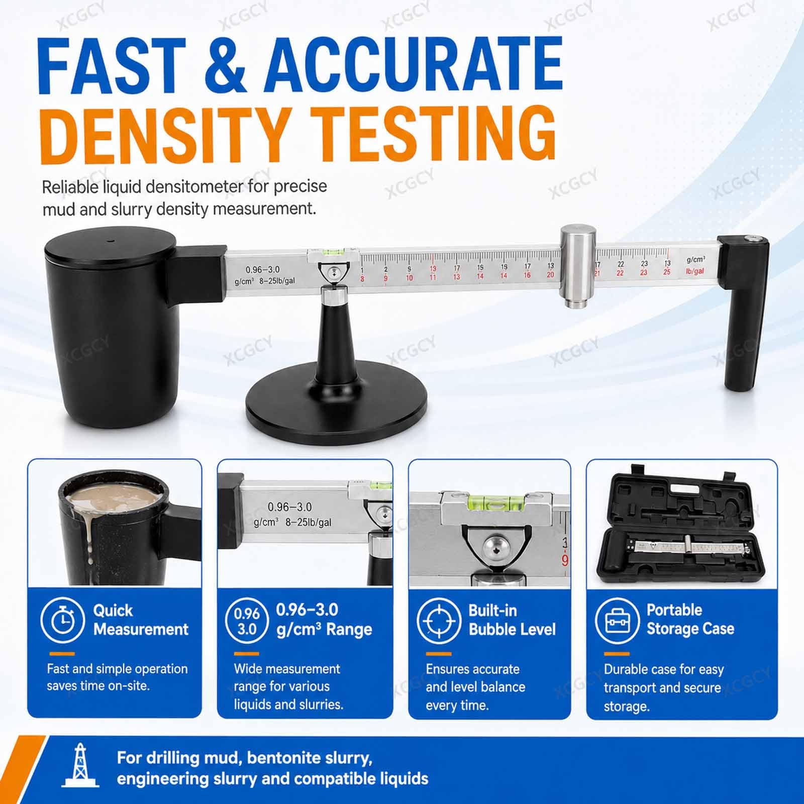 Densímetro Líquido para Incrustaciones De Lodo, Medidor De Contenido De Incrustaciones De Lodo Y Arena, Rango 0,96-3,0 G/cm³, Escala 0,01 G/cm³, Estuche para Laboratorio Y Campo