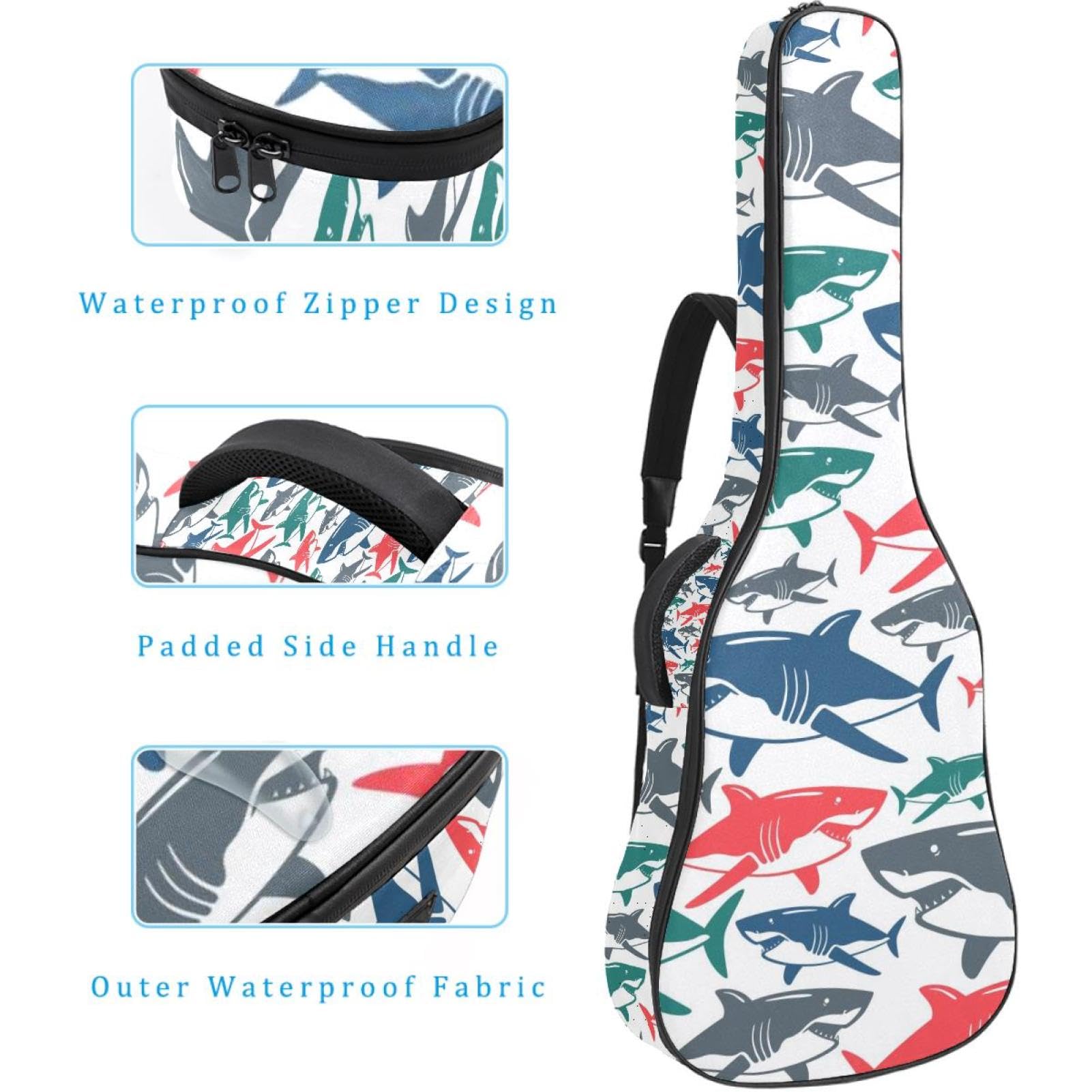 Torba na gitarę akustyczną Wodoodporny plecak na gitarę Gruby miękki wyściełany Shark Klasyczna obudowa na gitarę, wielobarwny, 42.9x16.9x4.7 in, Organizer do torby