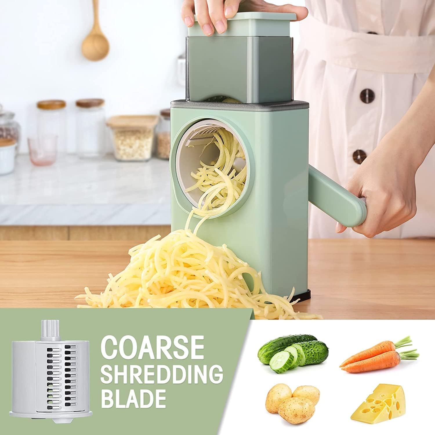 Zusaca Upgraded Rotary Cheese Grater with Handle, Heavy Duty Storm Slicer Grater for Kitchen,Vegetable Slicer Nuts Grinder Cheese Shredder Mandoline with 3 Blades Large Feed Port