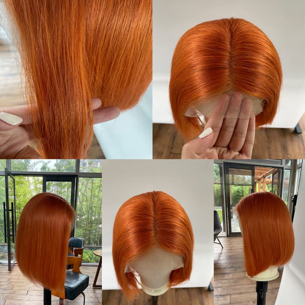 12inch Short Lace Front Wigs Orange Ginger Straight Human Hair Bob Wigs Colored 180% Density Invisible Pre Plucked Glueless Lace Closure Wig 13x1x4 Natural Hairline with Baby Hair for Black Women