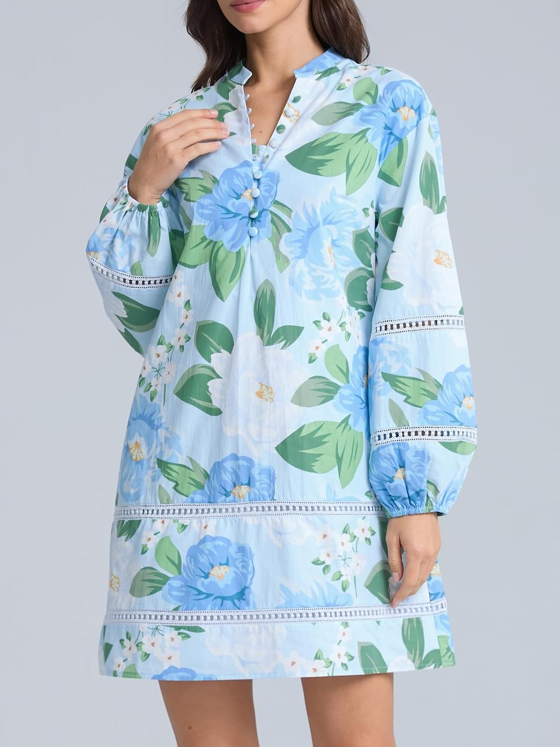 Women Floral Mini Dress Puff Long Sleeve Stand Collar Casual A Line Shift Short Dress image 3