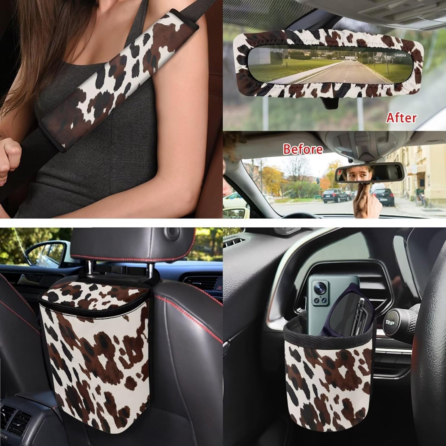 Dreaweet Brown Cow Print Car Seat Covers Full Set for Women Cute Car Accessories Seat Cover with Wheel Cover Seatbelt Covers Car Coasters Trash Bag Vent Storage Bag Rearview Mirror Cover Keychain