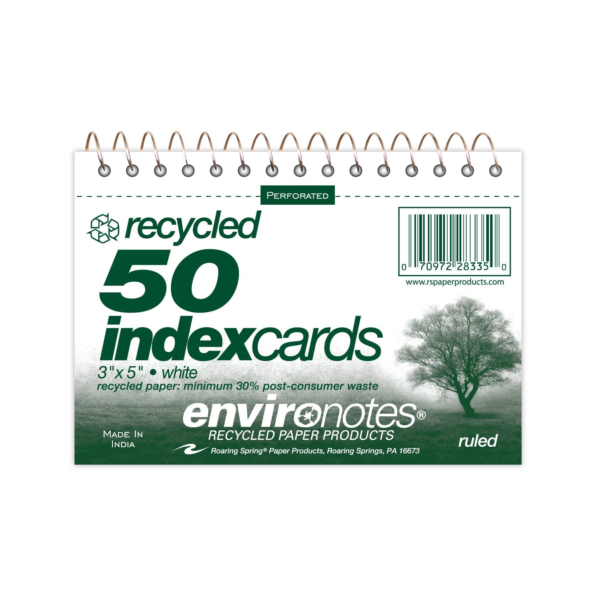Roaring Spring Wirebound Spiral Bound Recycled Index Cards 3"x5", 50 Count, 100# White Paper, Narrow Ruled, Perforated, Blank on Back, Snag-proof (Pack of 1)
