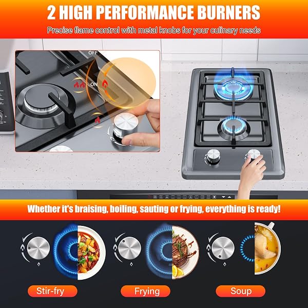 Gas Hob,Built-in Stainless Steel Gas Hob 2 burners with Flame Failure Protection,Cast iron grille,Power cable110cm/43in,Cast Iron Pan Support,LPG/NG Kit,51cm x 31cm - 2