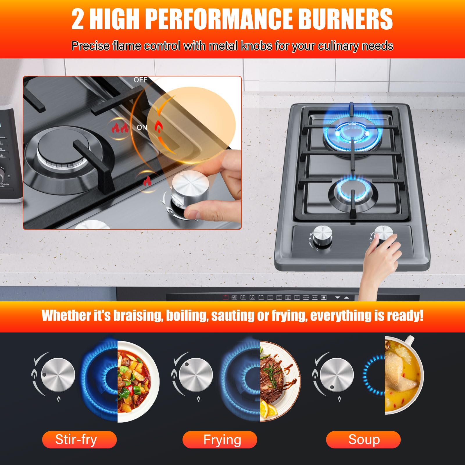 Gas Hob,Built-in Stainless Steel Gas Hob 2 burners with Flame Failure Protection,Cast iron grille,Power cable110cm/43in,Cast Iron Pan Support,LPG/NG Kit,51cm x 31cm — view 2