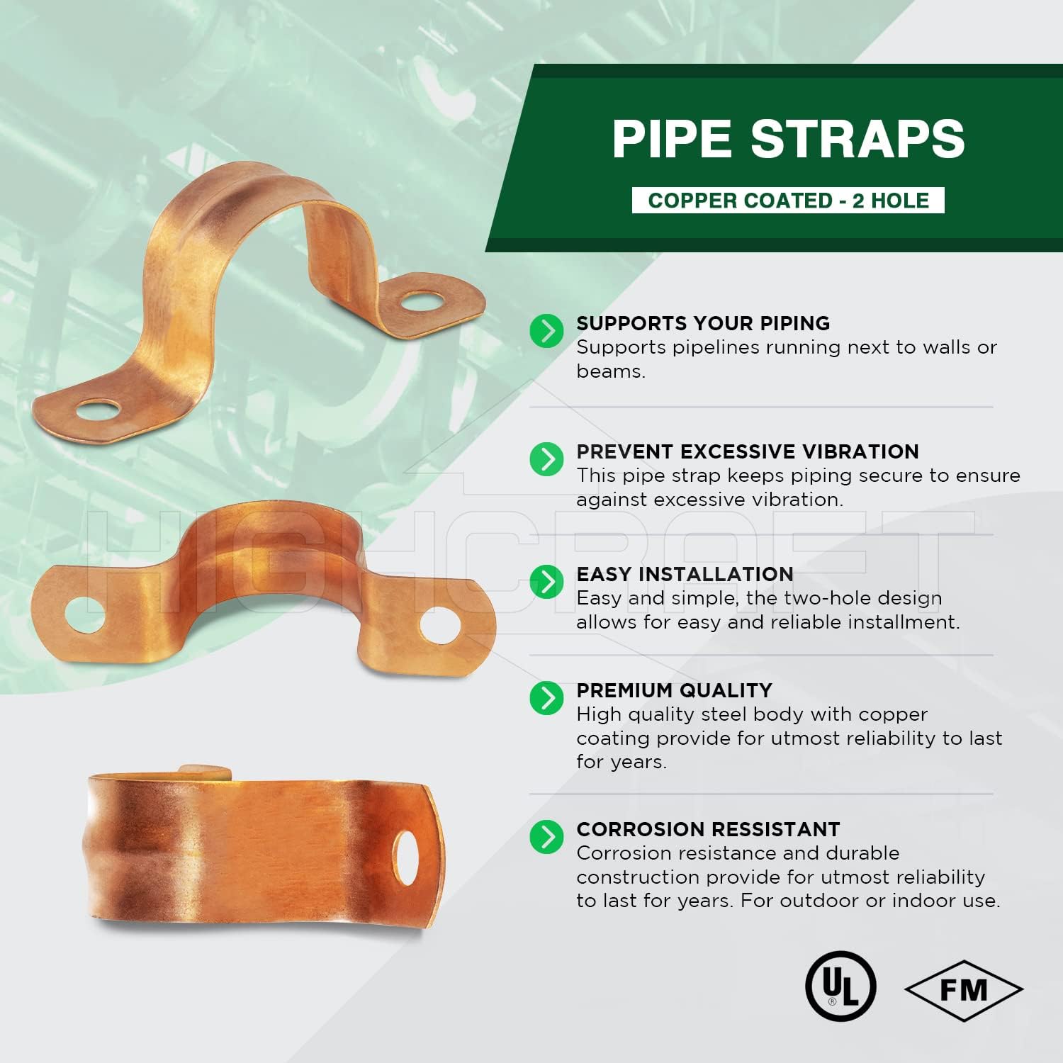 Highcraft QQT-DD38-100 Two-Hole Pipe Strap U Bracket, 3/8 Inch, Copper Coated Steel -100 Pack