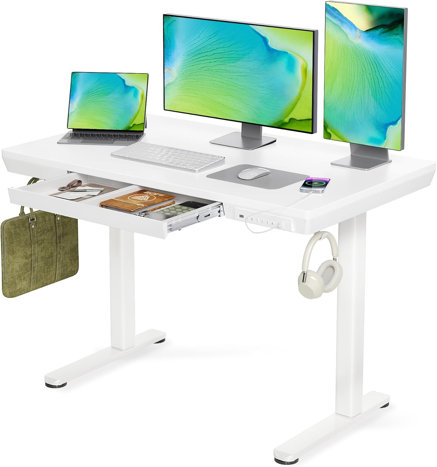 Claiks Standing Desk with Drawers, 4824 Inch Adjustable Stand Up Desk with USB and TapeC Ports, Quick Install Home Office Computer Desk with Whole Piece Top for Home & Office, White