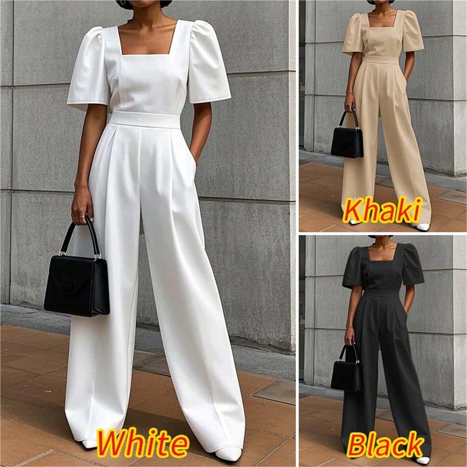Jumpsuit Donna Tute eleganti aderenti in vita da donna, scollo quadrato, moda da strada, maniche corte, pantaloni larghi, tute solide for il tragitto casa-lavoro