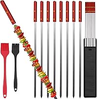 Fengzhe 23" x 0.5" Stainless Steel Kabob Skewers with Wooden Handles - 8 Pack + 2 Brushes for Shish Kebab, Turkish Grills, Brazilian BBQ