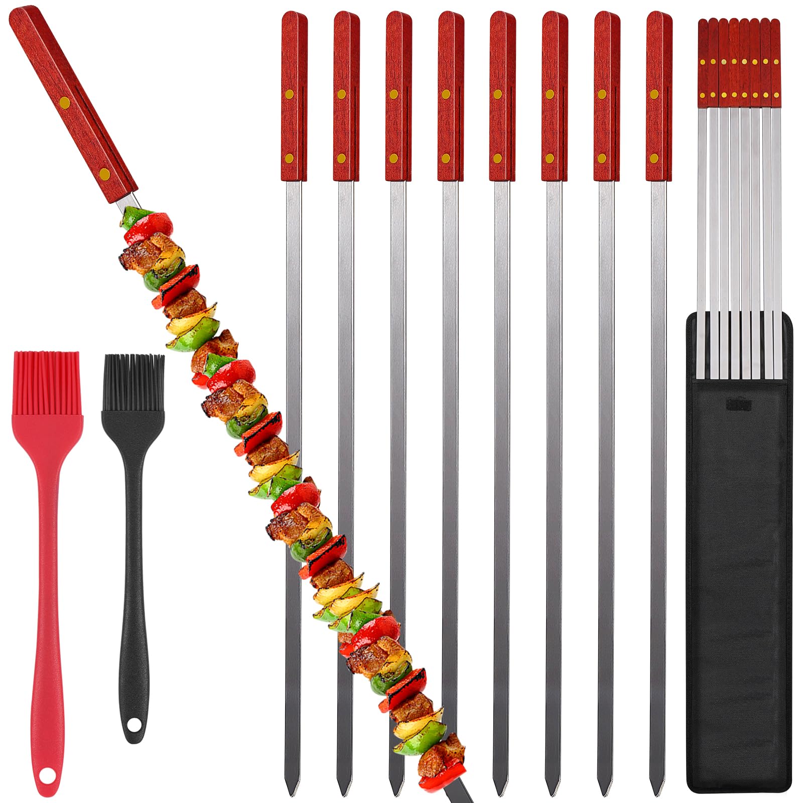 Fengzhe Kabob Skewers,23 Inch Long x 0.5 Inch Wide, Metal Stainless Steel BBQ Skewer with Wooden Handle for Shish Kebab,Turkish Grills,Koubideh,Brazilian BBQ - Durable & Reusable, 8 Set+ 2 Brushes