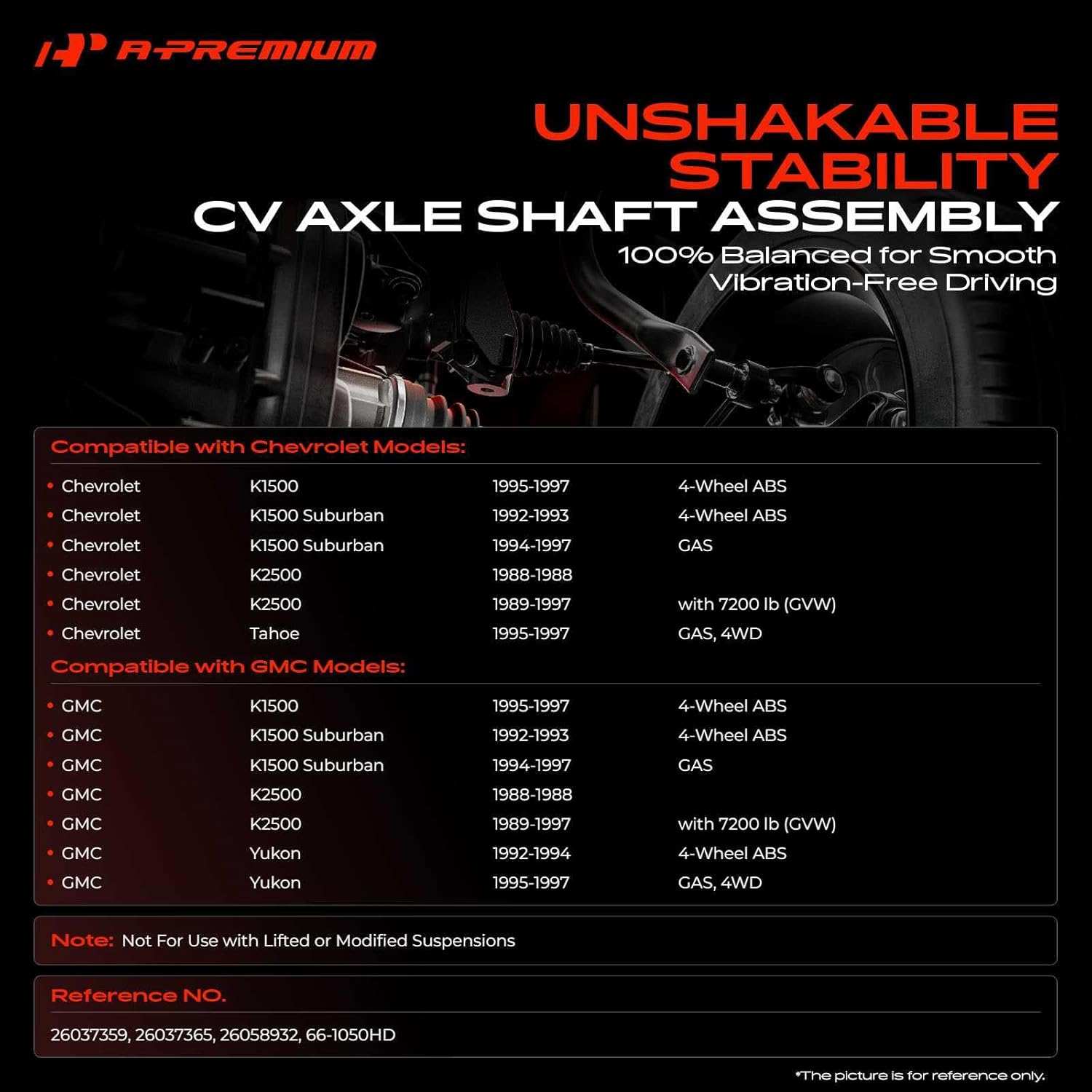 A-Premium CV Axle Shaft Assembly Compatible with Chevrolet & GMC Models - Tahoe, K1500, K1500 Suburban, K2500, Yukon, 1988-1997, w/Standard Suspension - Front Left or Right
