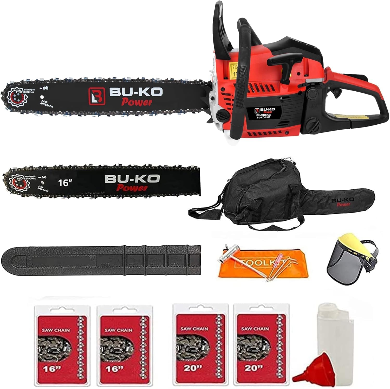 BU-KO 65cc petrol chainsaw with 20-inch and 16-inch bars