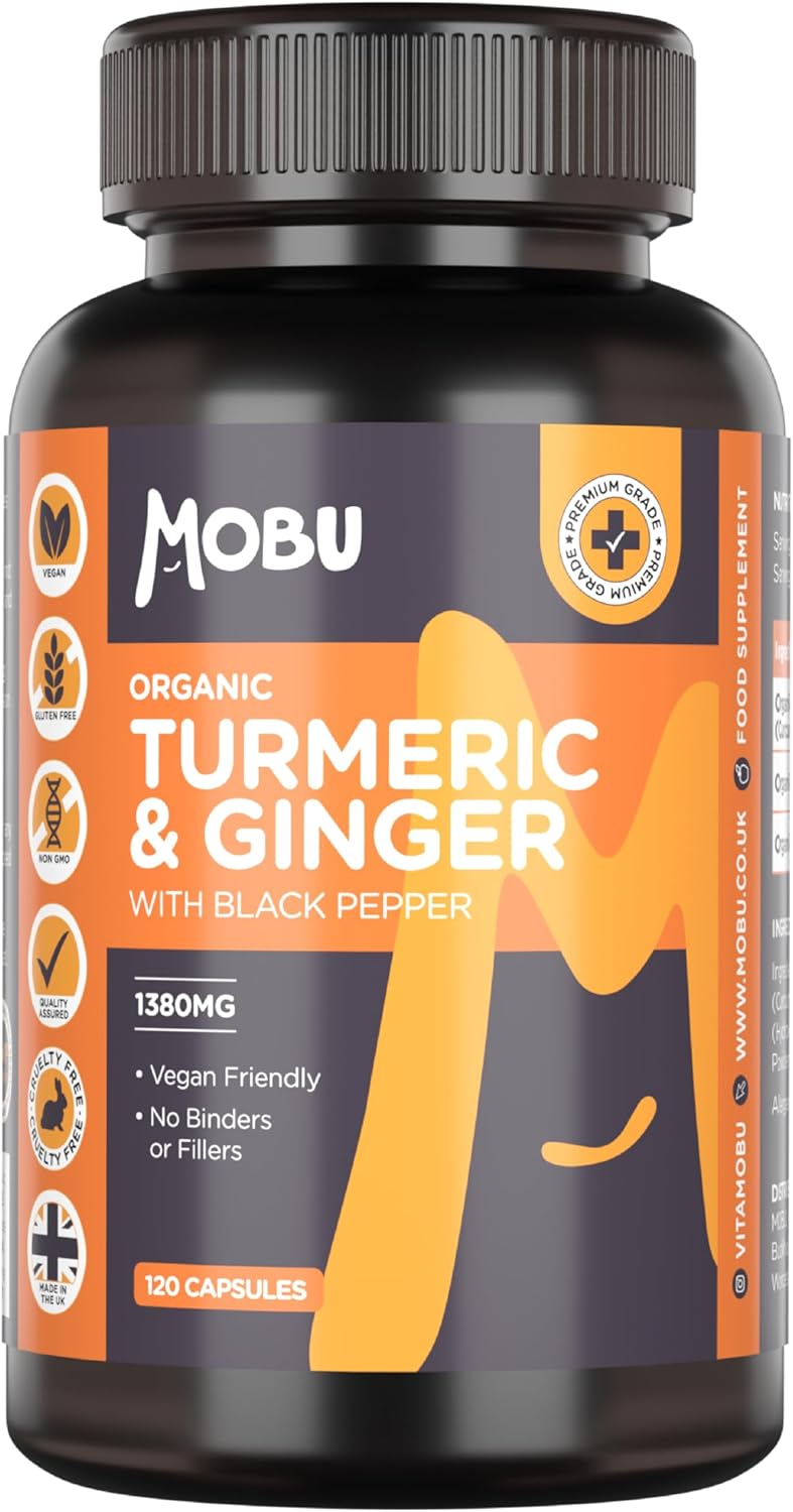Organic Turmeric, Ginger & Black Pepper 1380mg 120 Capsules – High Strength Curcumin for Joint, Immune & Inflammation Support – Vegan No Fillers or Binders – MOBU UK
