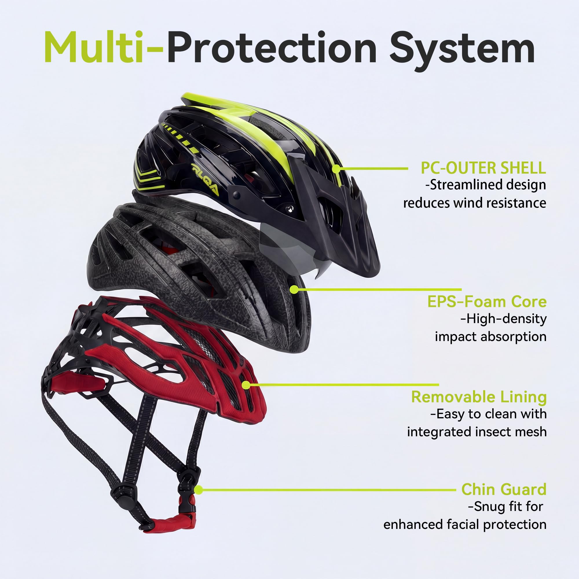 RLQA Casco Bicicleta Hombre Mujer – Casco para MTB y Carretera con Visera Magnética Desmontable y Gafas, 24 Orificios de Ventilación, Luz Trasera LED y Talla Ajustable - 4