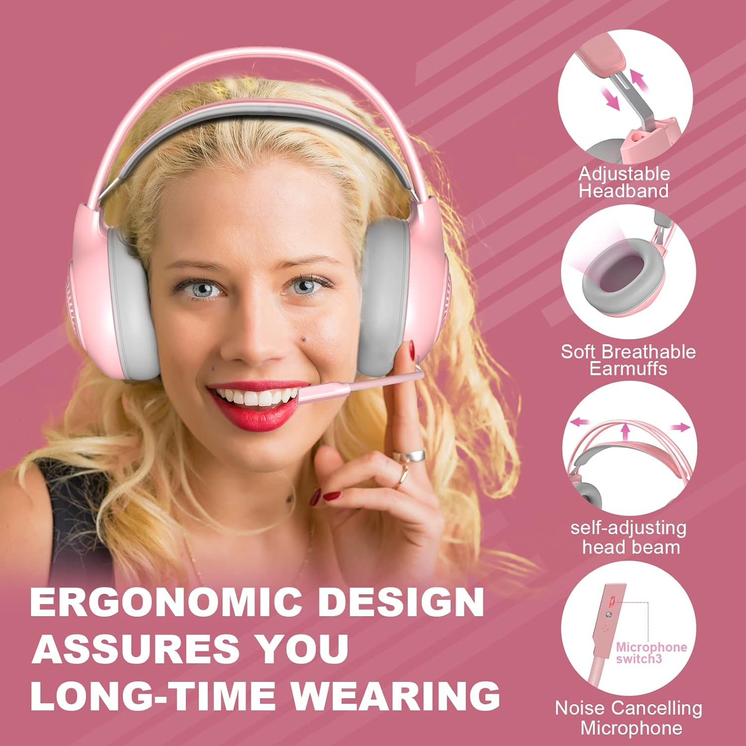 Anivia G1 Pink Gaming Headset for PS4, PS5, Xbox One, PC, Switch, Wired Over-Ear Headphone with Noise Isolation Microphone, Surround Sound Headphone with LED Light - Image 5