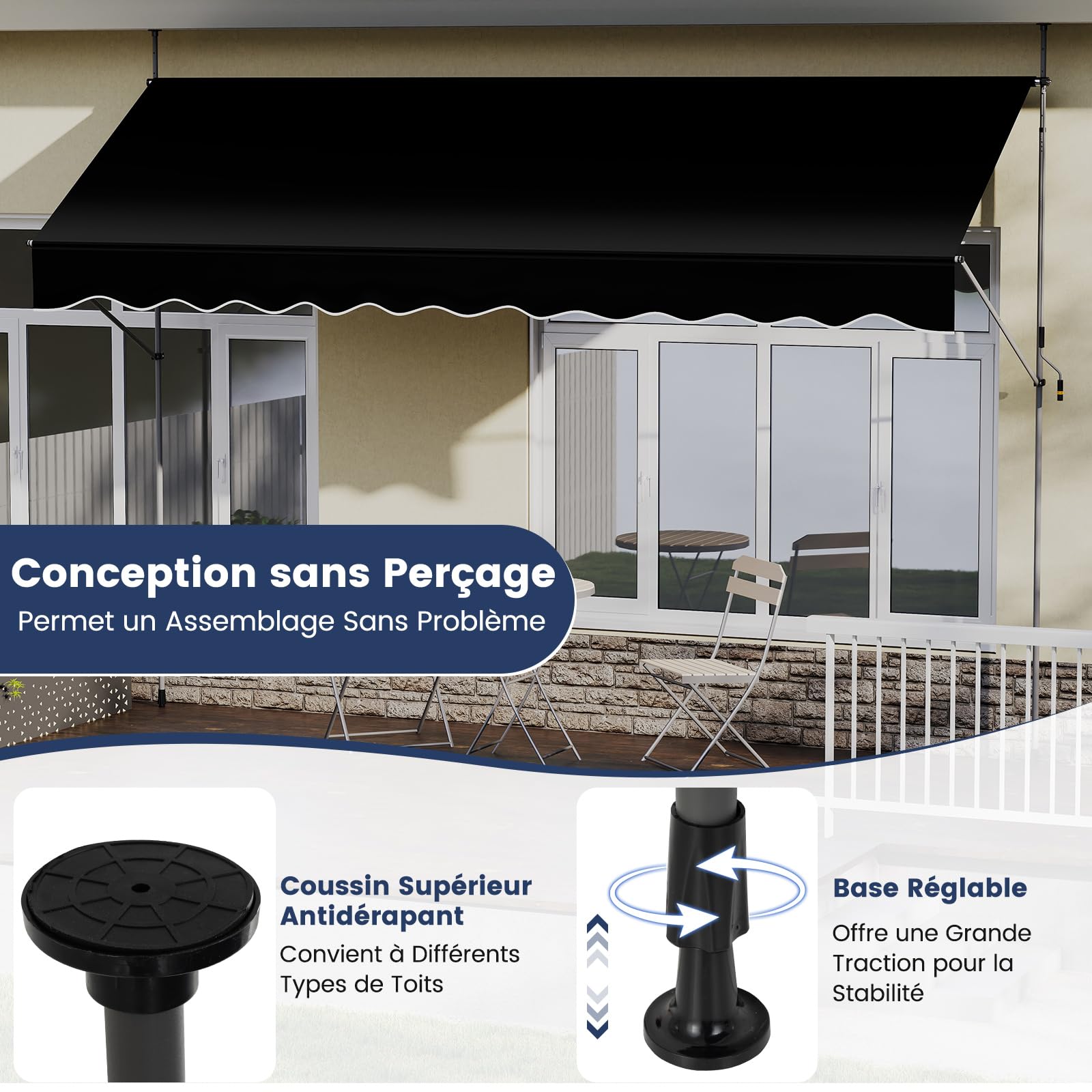COSTWAY Store Banne Manuel Rétractable de 4 x 1,2M avec Manivelle Hauteur Réglable 210-300CM, Auvent de Terrasse en Aluminium Tissu Oxford Imperméable Anti UV, pour Blacon et Porte (Noir)