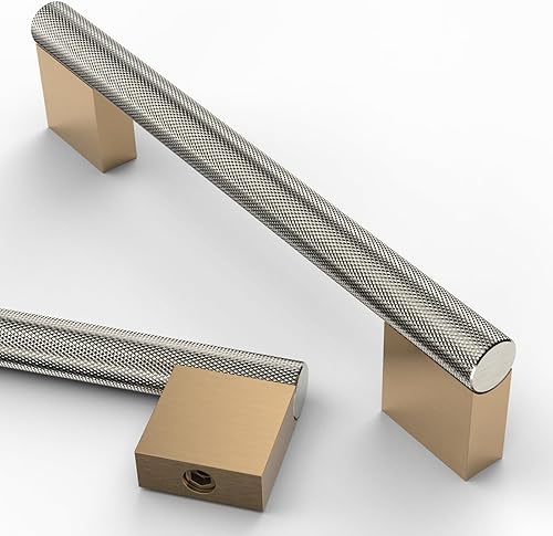 Asidrama Paquete de 10 tiradores de gabinete de níquel satinado y bronce champán de 5 pulgadas (5.039 in) moleteados para gabinetes, herrajes para