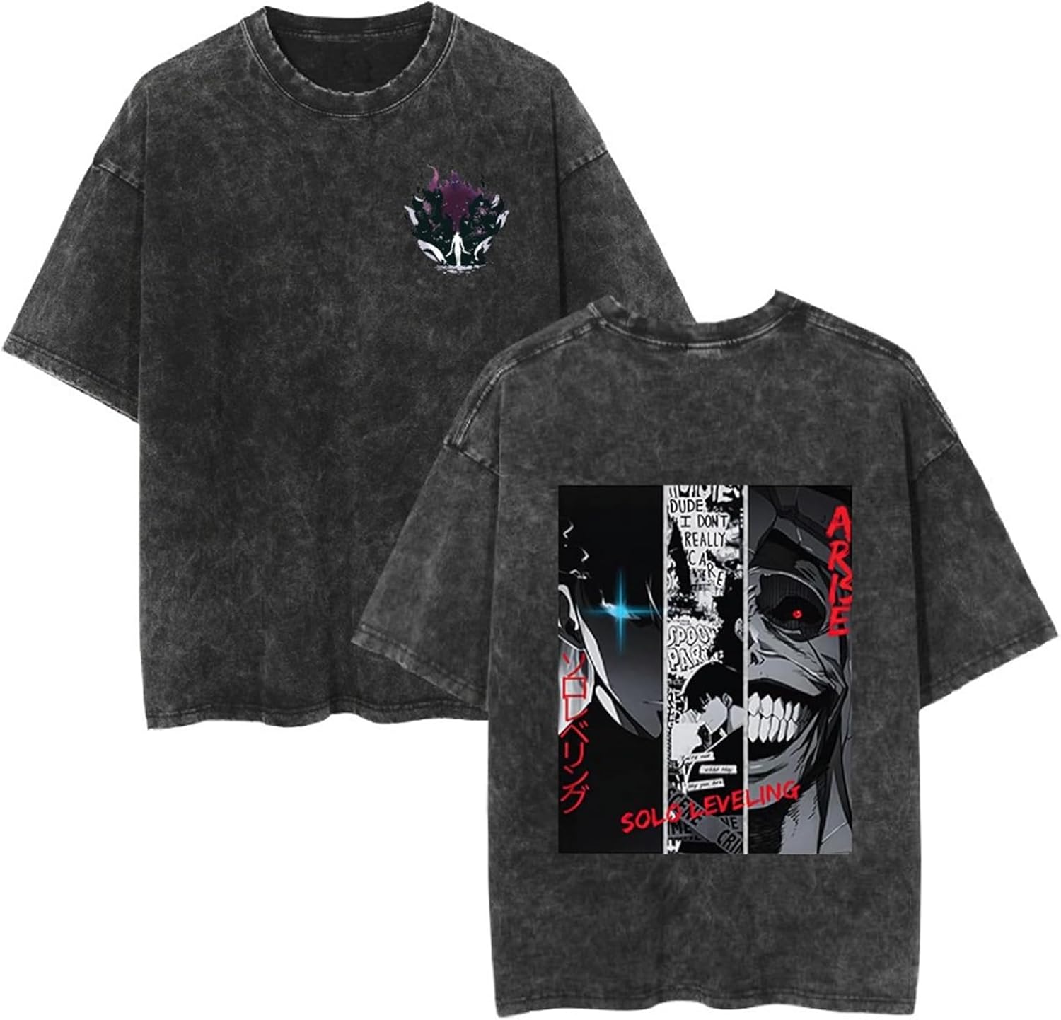 ISaikoy Vintage Washed Cotton Anime Solo Leveling T-Shirt Short Sleeve Tee Shirt Costume