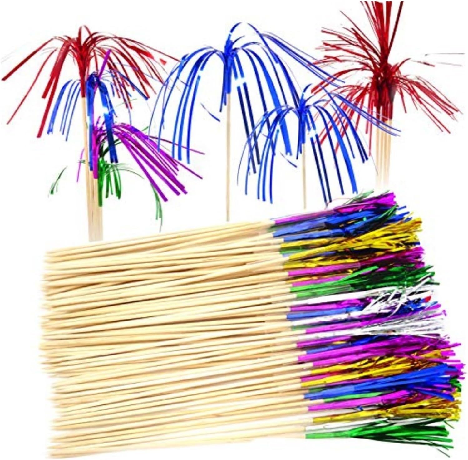 Firework Toothpicks 100PCS Fireworks Fruit Sticks Cupcake Picks Cocktail Firework Toppers Foil Frill Toothpicks Christmas for Cocktail Parties, Birthdays