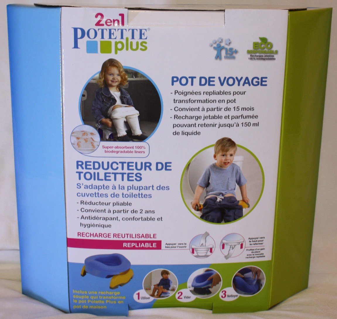 Vasetto multifunzione: vaso da viaggio, riduttore di toilette, vaso di casa grazie alla ricarica morbida e 10 ricariche usa e getta (verde chiaro) – Potette Plus