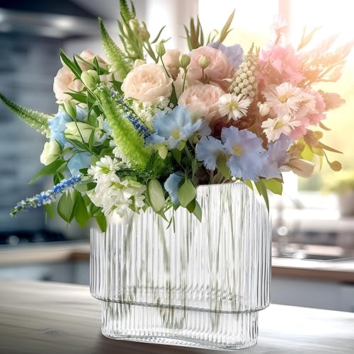 Miniatura 5 de Jarrón alto de cristal transparente  Jarrón cilíndrico acanalado de boca ancha  7.1 pulgadas lindo y moderno centro de mesa redondo grande