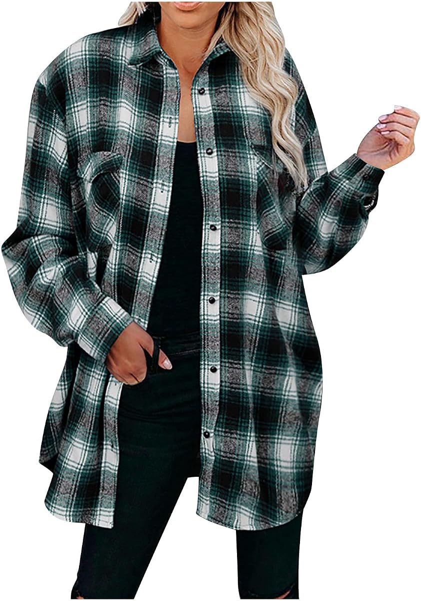 Women's Flannel Shirts Long Plaid Shacket Button Down Office Work
